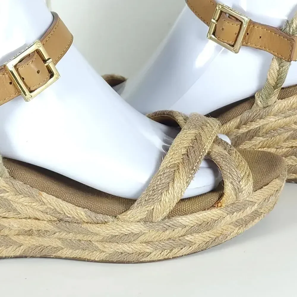 Tory Burch Camellia Women's US 8M Tan Jute Braided Rope Wedge Espadrilles